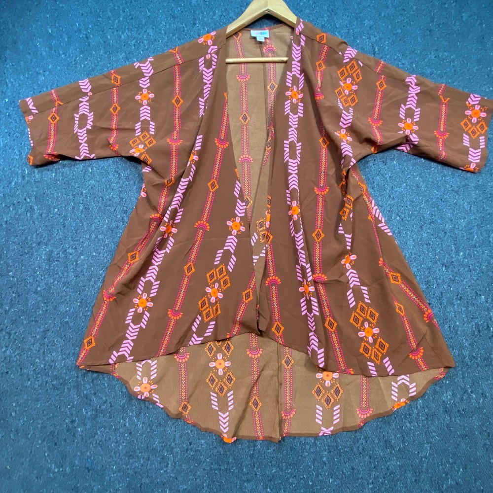 LuLaRoe Kimono Cardigan S Womens Brown Pink Geometric Boho‎ High Low Open Front